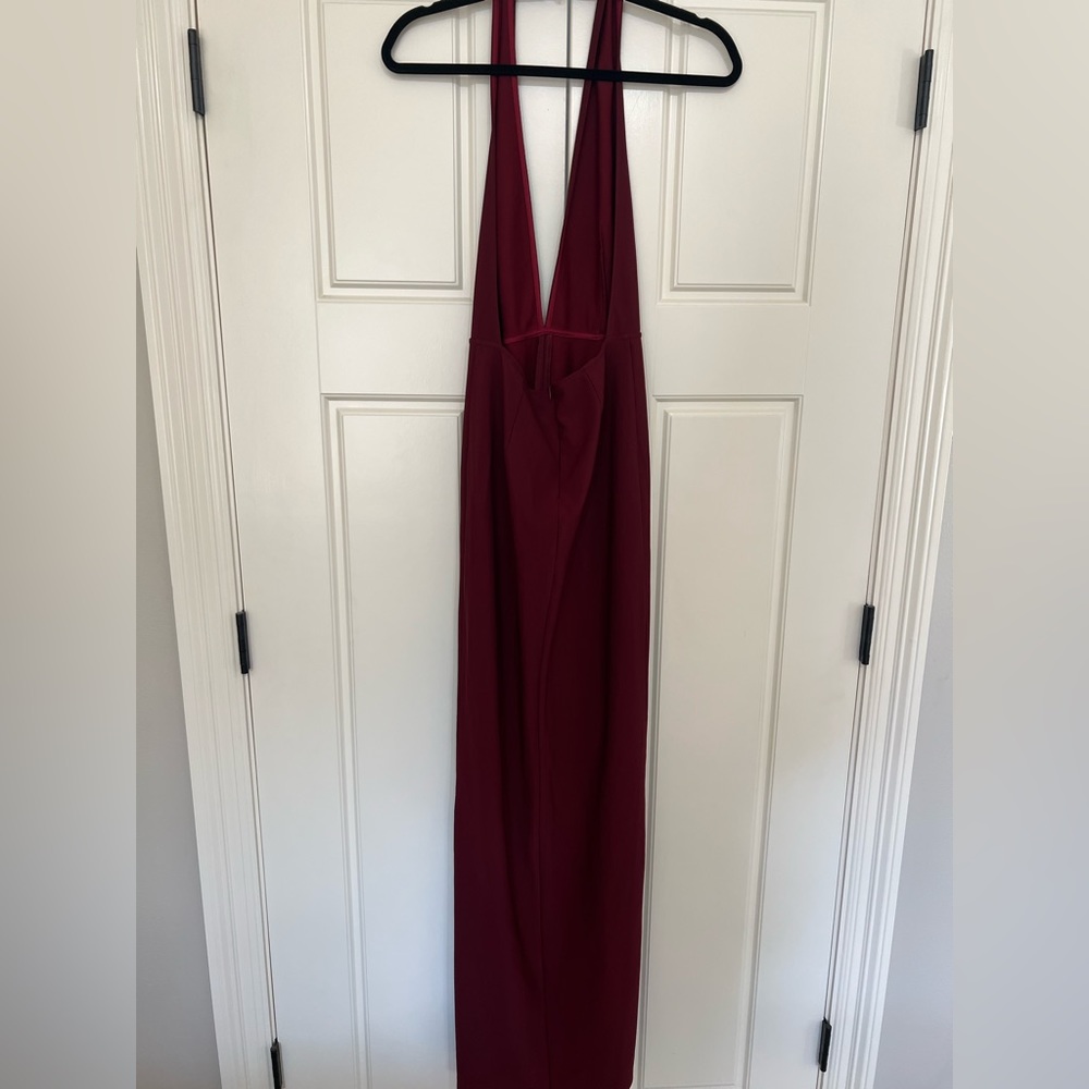 TOBI Wine Deep Plunging Halter Gown with Front Slit - Picture 2 of 8